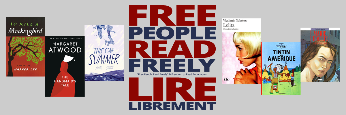 webcard free people read freely on grey background with banned books surrounding it