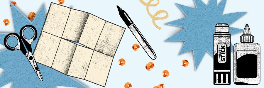 Scissors, glue, and paper are laid out over a grey background.