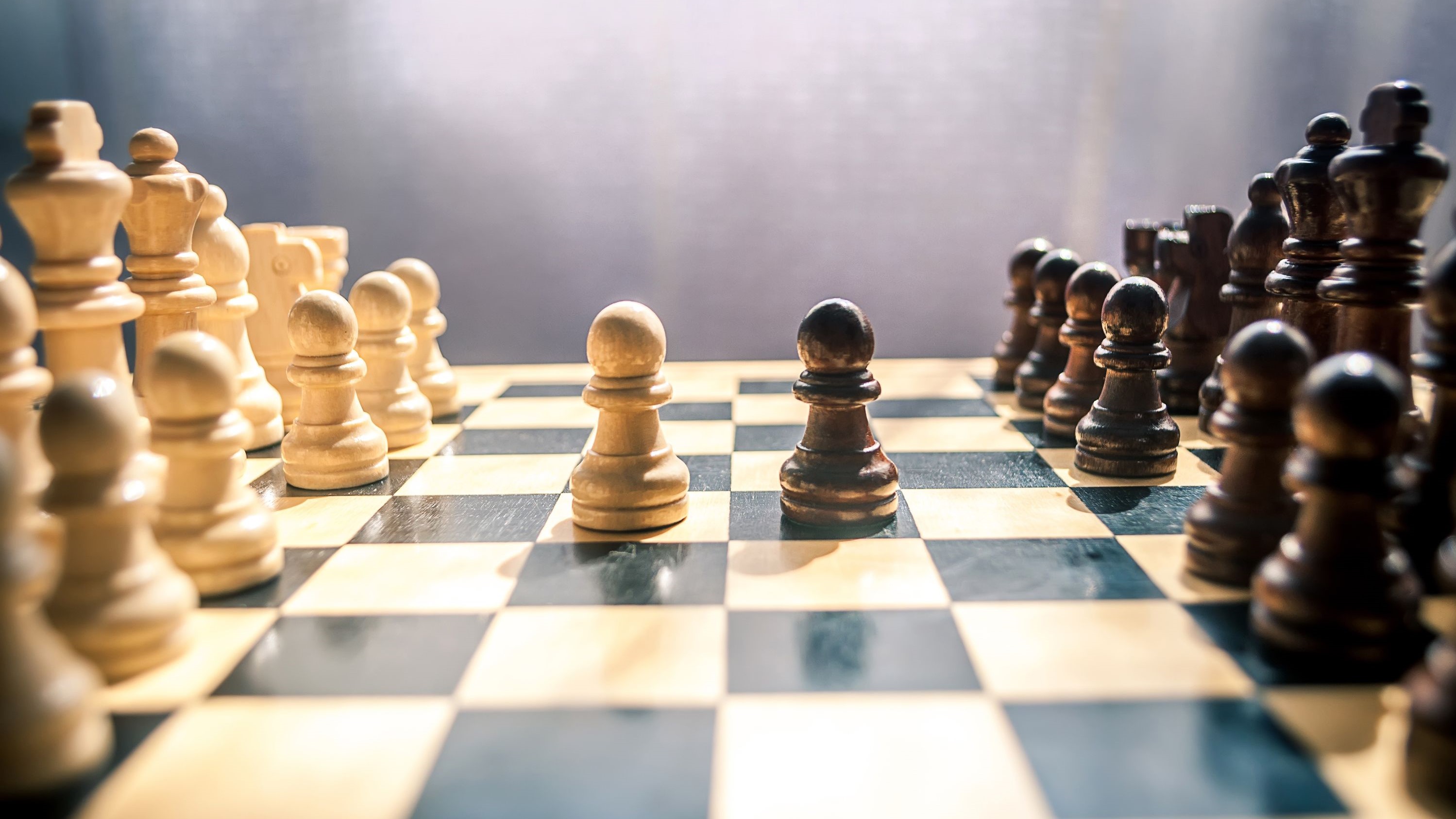 brown and white chess pieces on chess board in sunlight