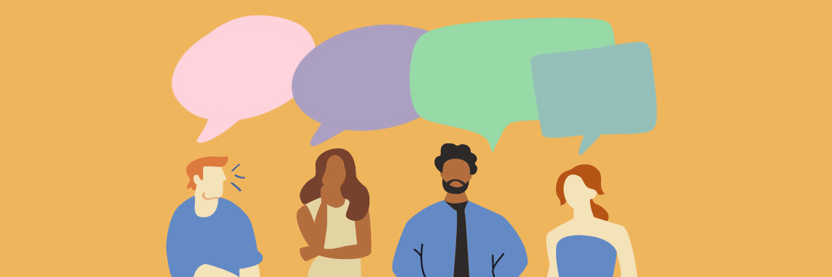 four people with speech bubbles