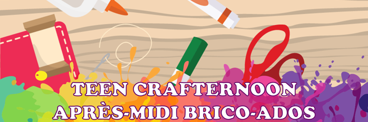 Teen crafternoon banner, with paint splats and scattered arts and crafts material