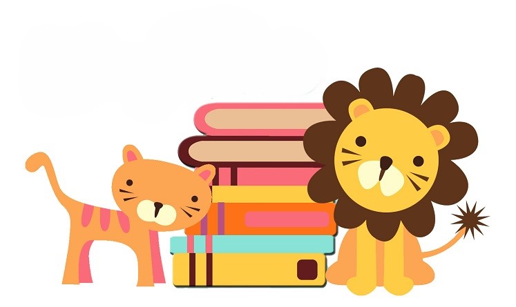 Cat and lion with a stack of books