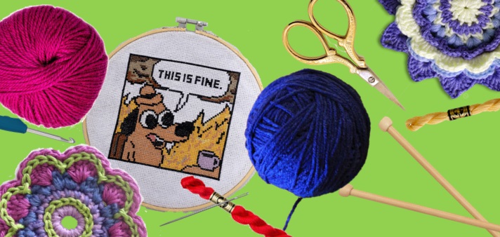 variety of knitting, crochet, and embroidery projects and materials