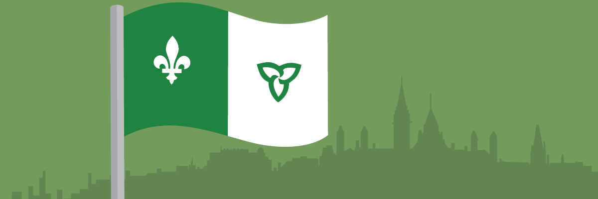 Franco-Ontarian flag against Ottawa skyline