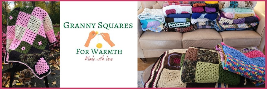 Couch piled high with crocheted squares