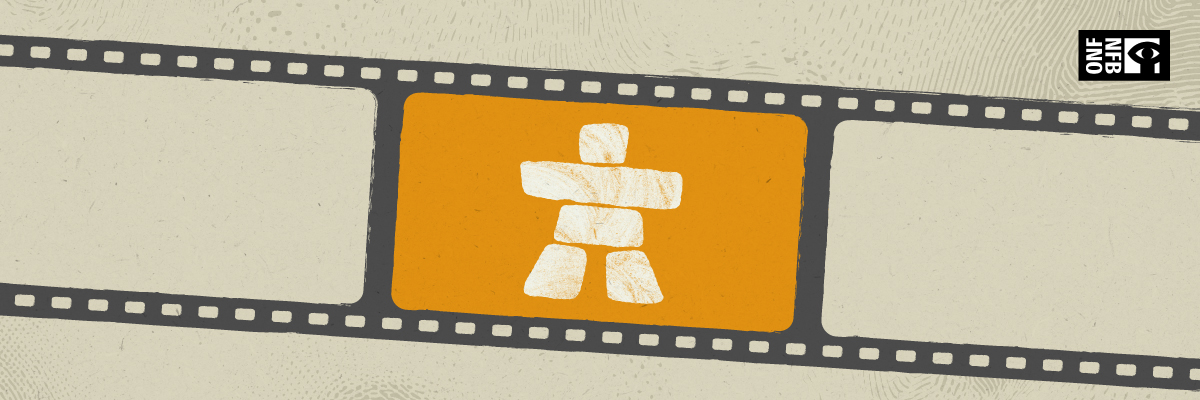 Inukshuk NFB An inukshuk in a film reel, withthe NFB logo in the upper right corner