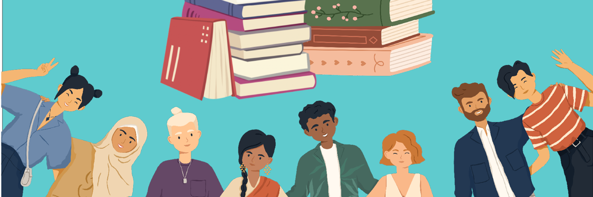 A diverse group of people of all ages underneath an image of books