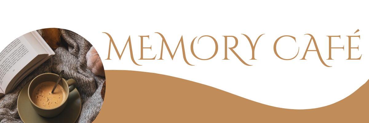 A brown and white image with the words Memory Café and a picture of a coffee cup.