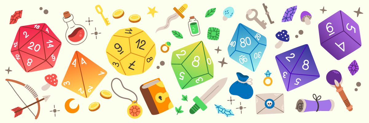 Rainbow polyhedral dice and adventuring icons