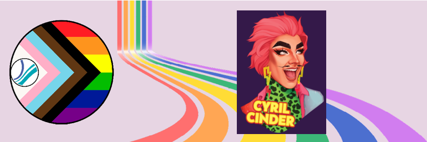 Image of the progess flag and the OPL logo next to a headshot of drag artist Cyril Cinder