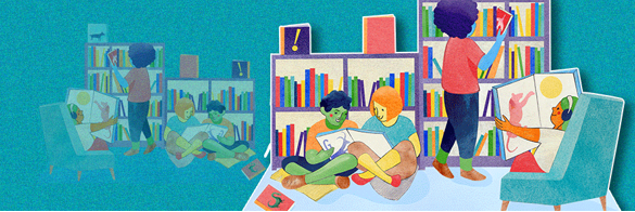 3 children reading and one child browsing the bookshelf