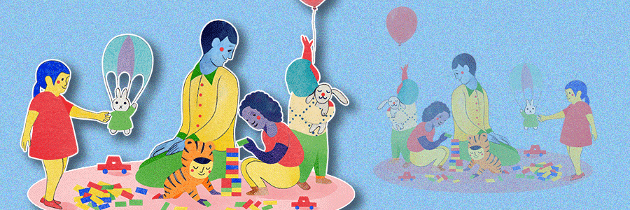 An illustrated adult and children play on a pink carpet against a blue background.
