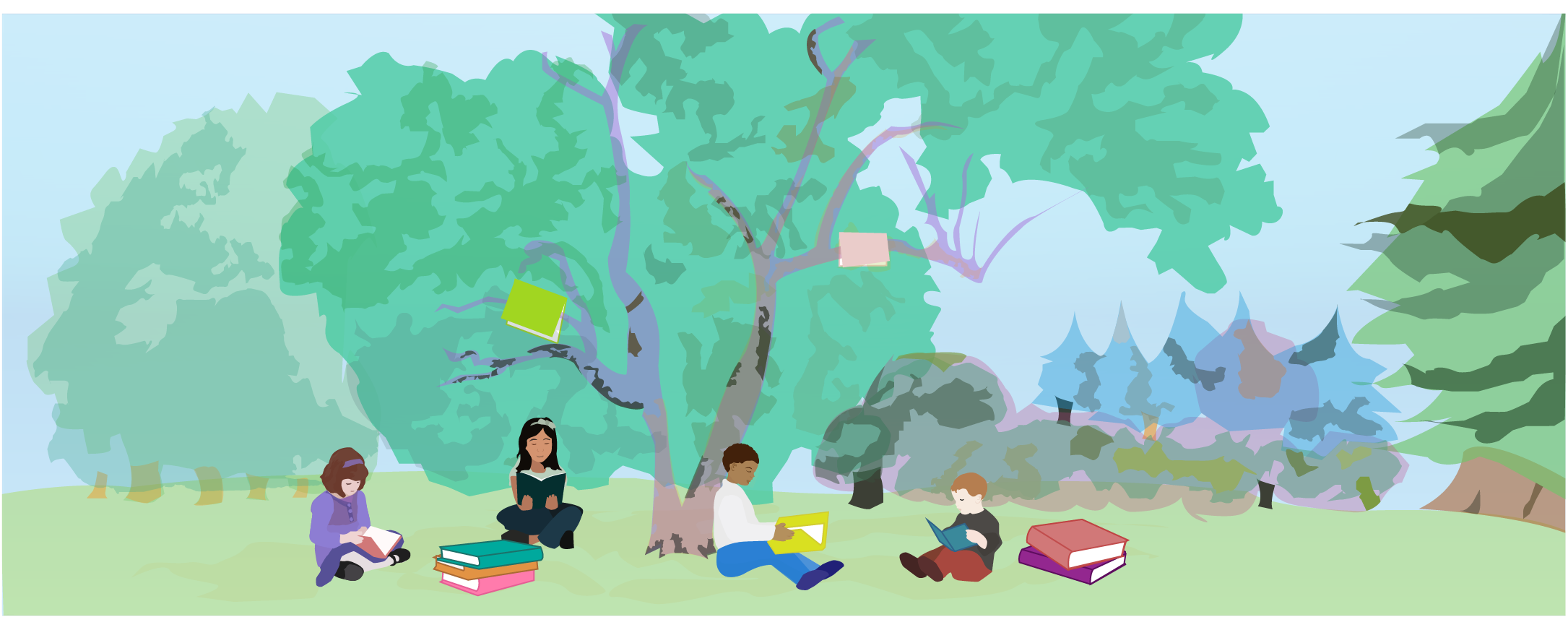 An illustration of four children sitting at the base of a tree in a park, reading books.