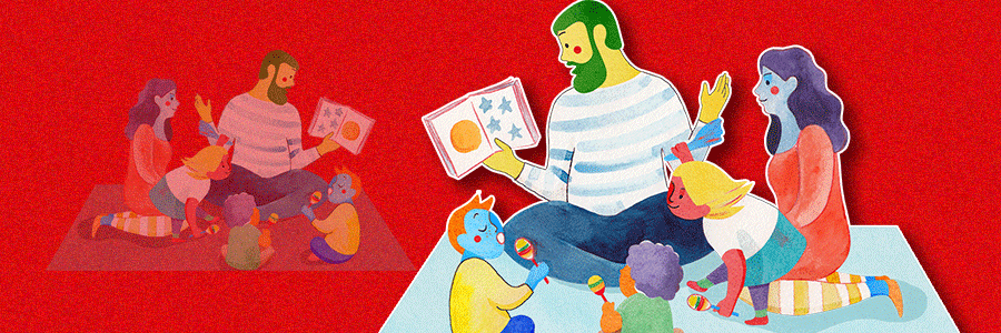 Parents reading to children / des parents lisent à leurs enfants