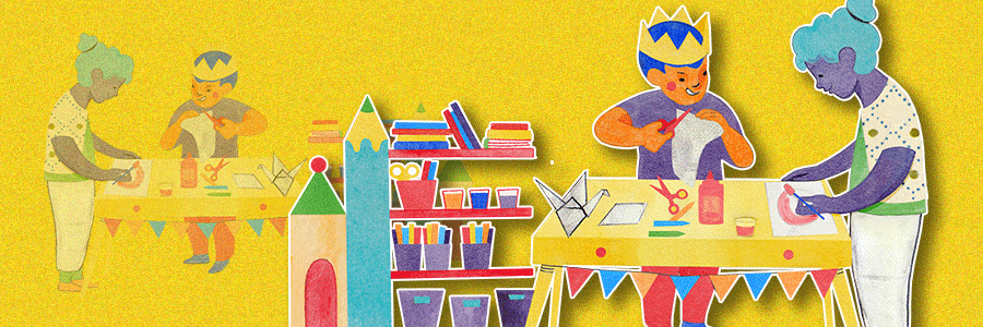 Two illustrated children cut, paint, and glue paper crafts at a table.