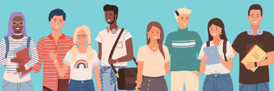 Cartoon image of smiling young people standing in a row