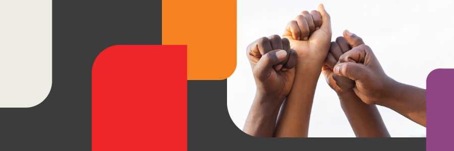 A group of raised hands and clenched fists held high against the sky, symbolizing unity and strength, framed by a graphic background with bold, colorful shapes.