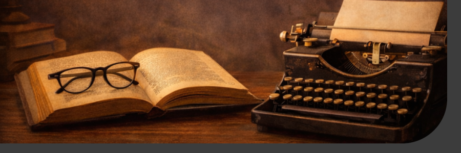 A pair of glasses rests on an open book next to a typewriter.