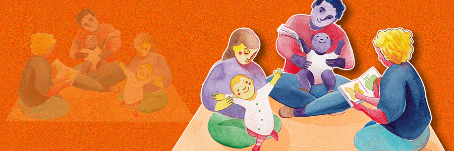 An illustration of adults and babies playing and reading together on a carpet.