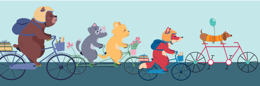 Animals on bikes. Animaux à vélo. Cartoon animals ride their bikes. Animaux en bandes dessinées roulent à vélo.