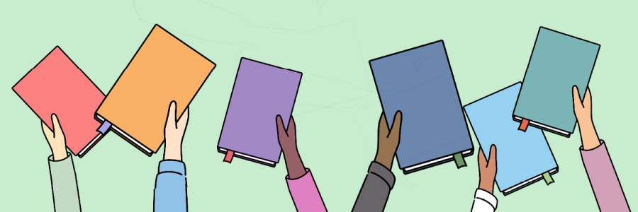 hands raising differently coloured books in the air