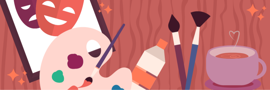 calm and creative web banner image of art supplies and coffee on a table