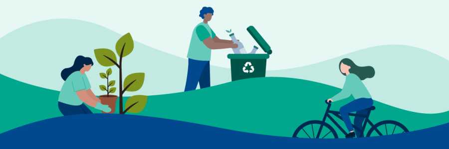 Features a person caring for plants, a person recycling bottles and another riding a bicycle.
