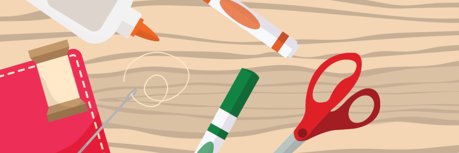 Arts & Crafts Supplies: Needle & Thread, Glue, Markers, Scissors.