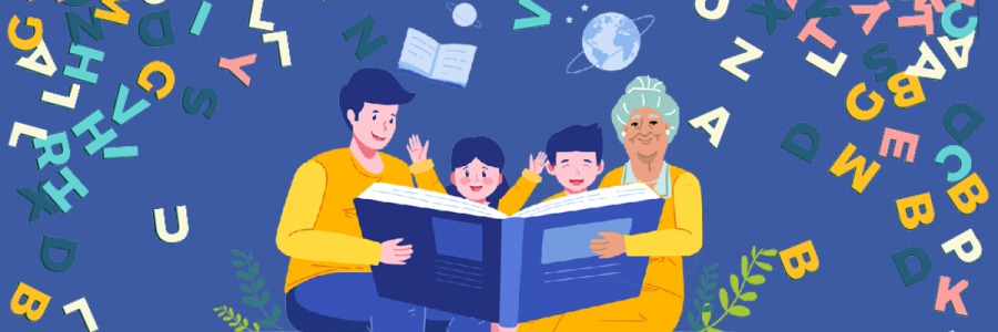Four people around an open book. / Quatre personnes autour d'un livre ouvert.
