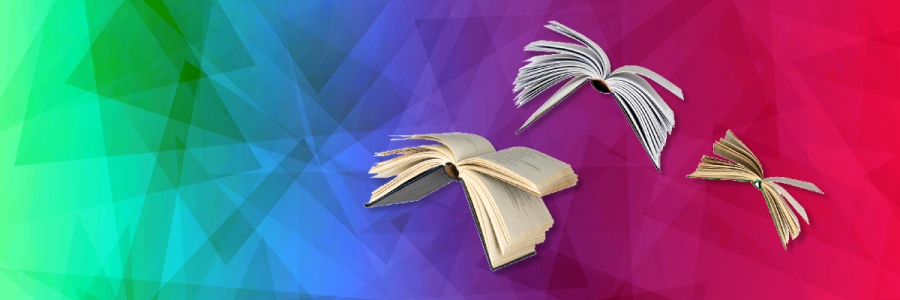 Books flying like birds against a multicoloured geometric background