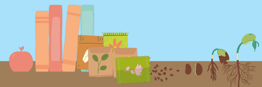 Books, seed packets and growing plants.