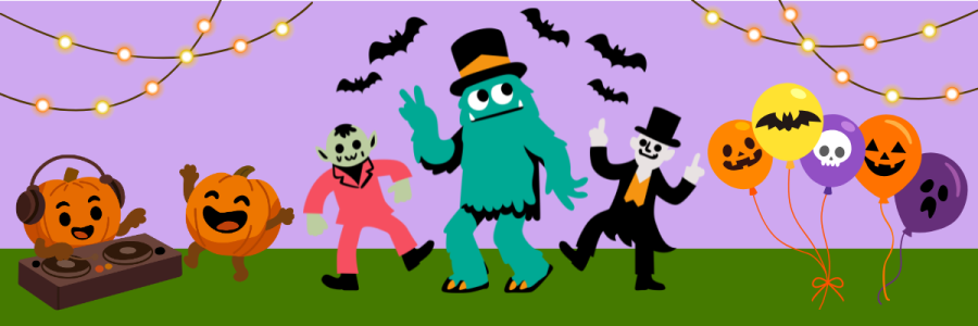 Graphic of monsters and pumpkins dancing at a Halloween party. Graphique de monstres et de citrouilles dansant lors d'une fête d'Halloween.