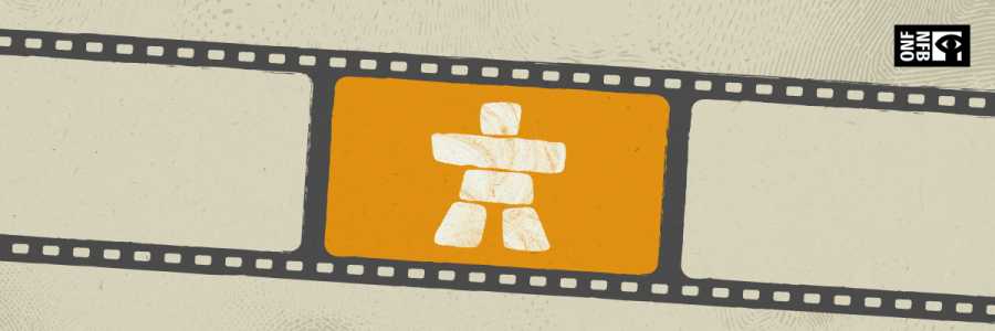 Inukshuk NFB An inukshuk in a film reel, withthe NFB logo in the upper right corner