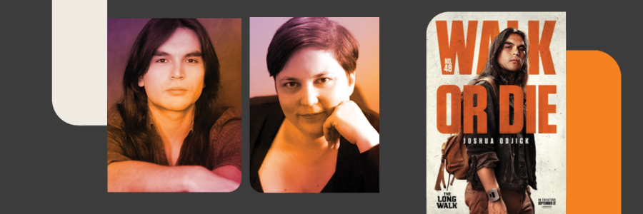 A headshot of actor Joshua Odjick, another headshot of his mentor Claudia Jurt, and a movie poster showing Joshua Odjick's character, Collie Parker, with the words "Walk or Die."