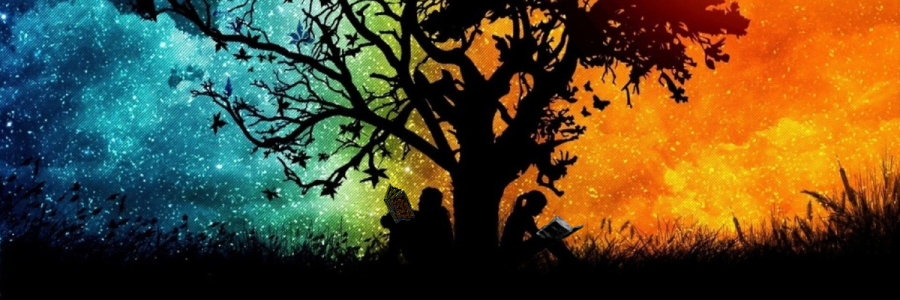 Kids reading under a tree silouette