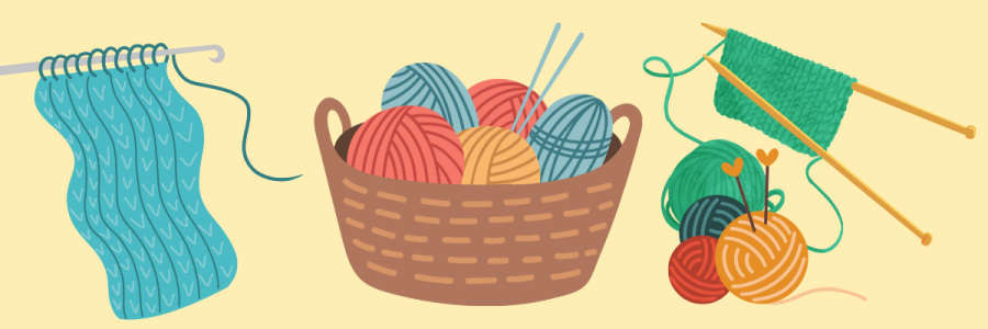 A basket of yarn balls alongside a crochet hook and a pair of knitting needles.