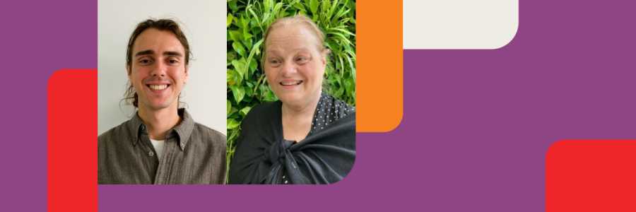 image of two presenters and OPL branded colours