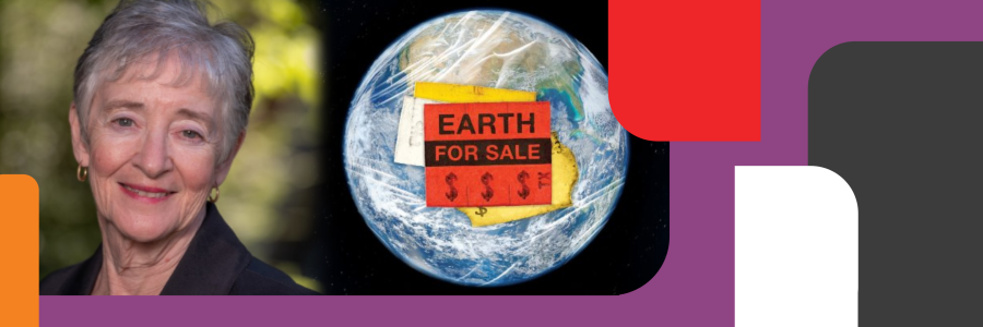 A photo of Maude Barlow and her book cover showing the Earth with a tag stating Earth for Sale.