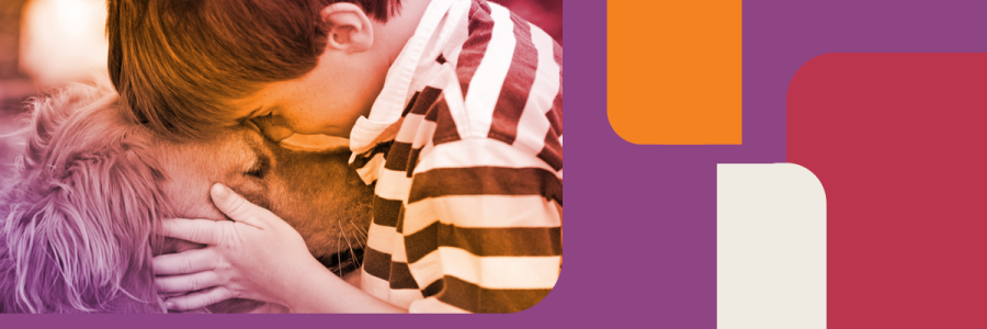 Golden retriever and child touching foreheads