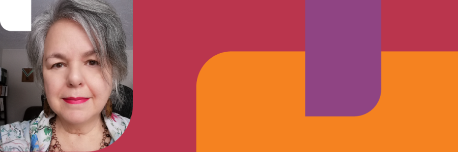 Image of Dr. Lynn Gehl, with red, orange, purple, and white geometric shapes