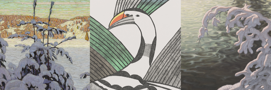 Three paintings from the National Gallery of Canada - two are landscape pictures of trees covered in snow. One is a picture of a snow bird.