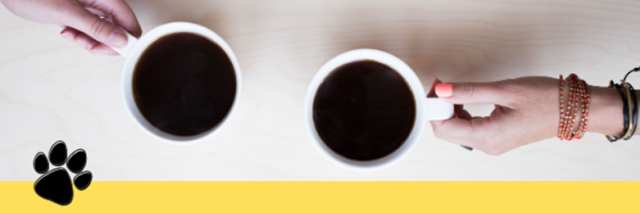 Two hands joined around a cup of coffee hands holding two mugs of coffee, with a paw print in corner of image