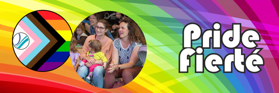 Families watching Storytime on a Rainbow coloured background