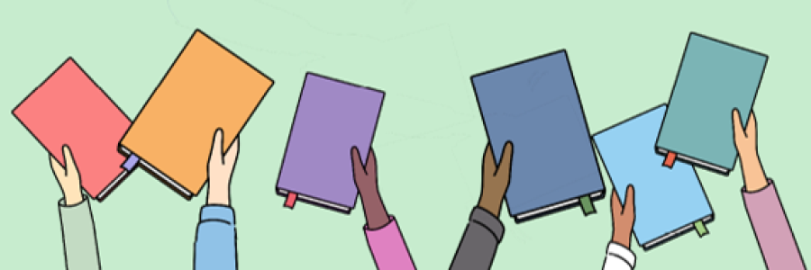 books of different cover colors being held up high