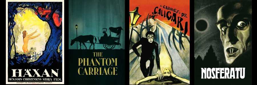 webcard with psoters for silent horror films Haxan, The Phantom Carriage, The Cabinet of Dr. Caligari and Nosferatu: A Symphony of Horror