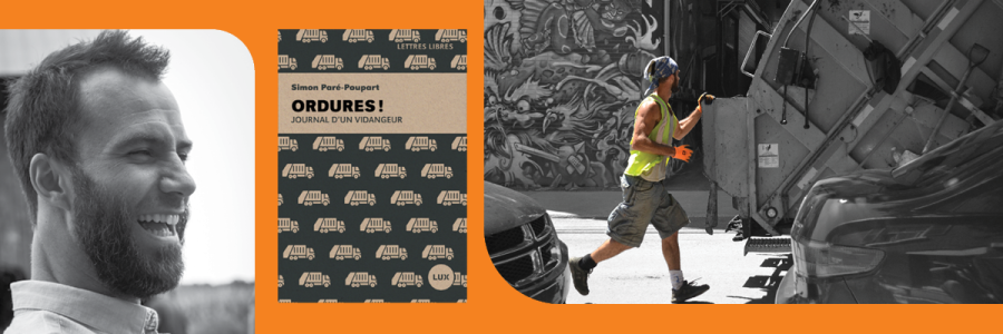 From left to right: black and white portrait of Simon; cover of his book Ordures! and an image of Simon with a garbage truck