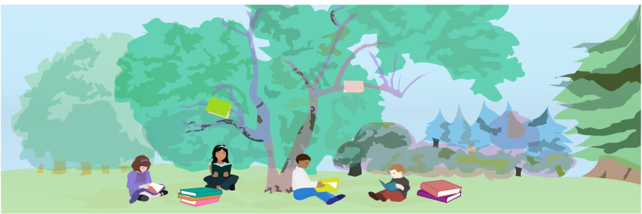 An illustration of four children sitting at the base of a tree in a park, reading books.