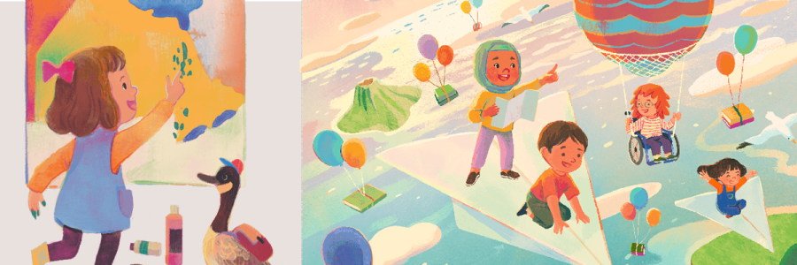 Finger painting, paper airplanes, hotair balloon. Peindre avec doigts, avions en papier, montgolfièr