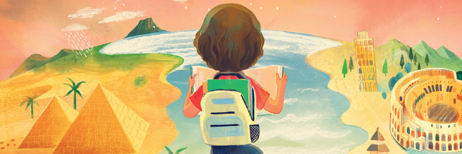 child wearing backpack looks beyond his book onto a landscape of world wonders