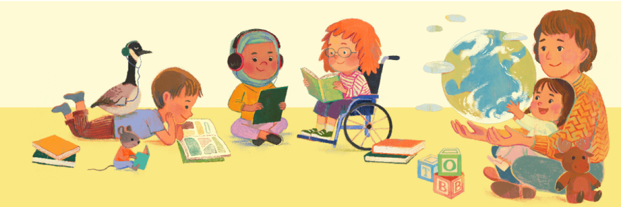 A group of children and animals read together while a parent and young child examine a world globe together. Un groupe d’enfants et d’animaux lisent ensemble pendant qu’un enfant et son parent examinent un globe.
